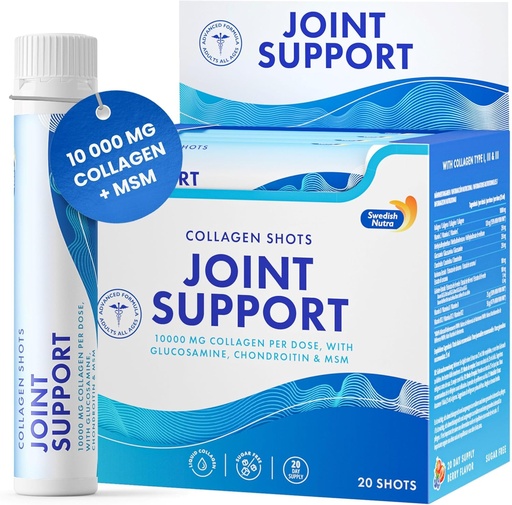 [BRSROGILBZ4BSEY6] Swedish Nutra - Joint Support Shots I 10,000 mg Collagen Type I, II & III I Glucosamine, MSM, Chondroitin, Turmeric I 100% Natural Flavour I Sugar-Free - 20 Shots per Box
