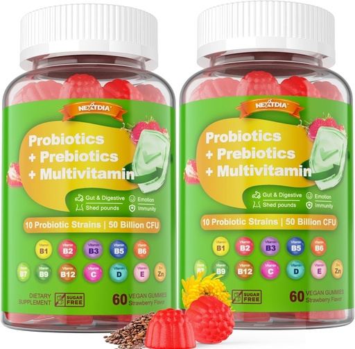[BRSRAFT2AF5GADLH] Vegan Probiotics Gummies for Women & Men - Fiber Prebiotics Supplements | 50 Billion CFUs Probiotics, Inulin, Psyllium Husk & Multivitamin for Gut, Digestion & Immune Health,2 Pack