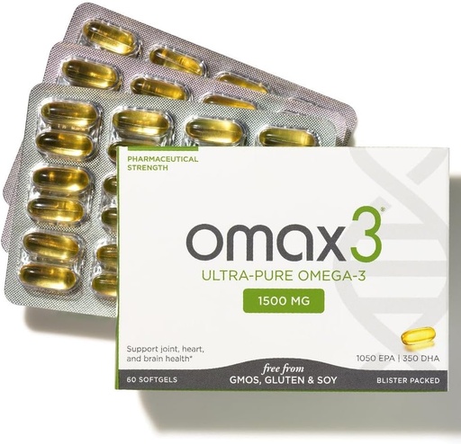 [BRSWIZY5O4NGA2Q7] Omax3 天然Omega 3 鱼油药 1500 MG EPA DHA - Omega3 脂肪酸补充剂 肌肉与联合-Gluten Free, Wild Caught, 非转基因生物, 30天供应桶包装(1盒)