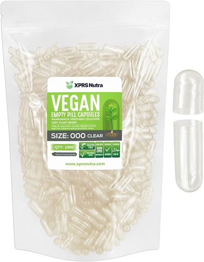 [BRSWGCTROIDR4E3O] XPRS Nutra Vegan Size 000 Empty Capsules - 1000 Count Clear Empty Vegan Capsules - Vegetarian - DIY Vegetable Capsule Filling - Veggie Pill Caps Pills