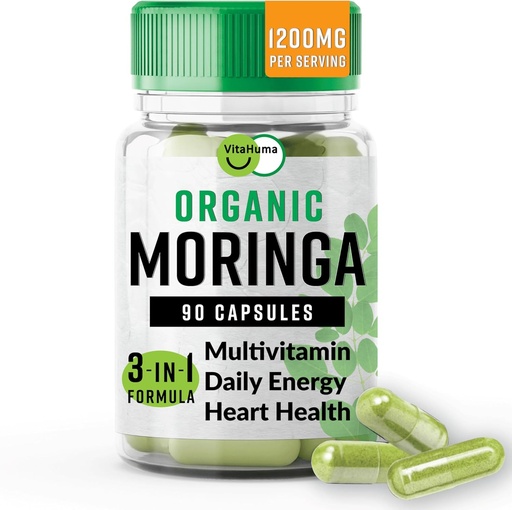[BRSRAAT2BEIGCYDX] Organic Moringa, Nutrient-Dense Antioxidant Support with Vitamin C, A, E, Calcium, Potassium, Iron, Magnesium, Protein & Amino Acids for Hydration & Energy, Vegan, 1200 MG Per Serving, 90 CT