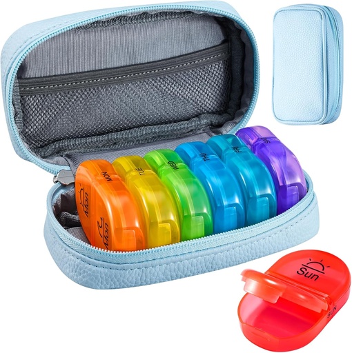[BRSROZAOBUNBGAA7] Serfeymi Weekly Travel Pill Organizer 2 Times A Day AM PM Upgraded Rainbow Pill Box 7 Day with Portable Zipper PU Leather Pill Case, Medicine Organizer for Pills, Vitamins, Fish Oils - Blue 01