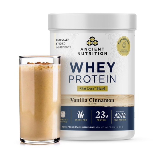 [BRSRAEINA4DRAFD2] Ancient Nutrition Grass Fed Whey Protein + Fat Loss Blend, Vanilla Cinnamon, 23g Protein, Promotes Fat Loss and Boost Metabolism, Organic Regenerative A2/A2 Milk Protein,18 Servings