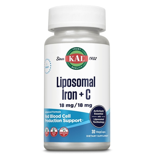 [BRSROAQTA4FWYHQY] KAL Liposomal Iron Supplement with Liposomal Vitamin C, Iron Supplement for Women and Men, High Absorption, Gentle Iron Pills, Vegan, Gluten Free, 30 Servings, 30 VegCaps
