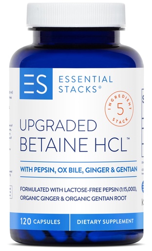 [BRSWGAAYAB5ROG3P] Essential Stacks Betaine HCL with Pepsin, Ox Bile, Organic Gentian & Ginger - Betaine Hydrochloride Supplement w Digestive Enzymes, Bile & Bitters - Gluten, Dairy & Soy Free (120 Capsules)