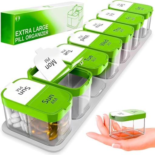 [BRSRAGIDAQHGKFAU] Extra Large Weekly Pill Organizer - XL Vitamin Holder with 7 Detachable AM PM Compartments - Portable Medicine Dispenser for Home and Travel, Big Supplement Container for Weekly or Daily Use, Green