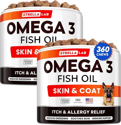 [BRSW2ZARA4CWG3TX] STRELLALAB Omega 3 for Dogs - (360Ct) Fish Oil Treats - Allergy & Itch Relief Skin & Coat Supplement - Dry Itchy Skin, Anti Shedding & Hot Spots Treatment - Pet Salmon Oil Chews - Chicken Flavor
