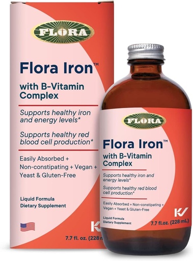 [BRSWYBIDCIMAAADO] Flora Iron - Vegan Sıvı Demir B Vitaminleri ile Ek - Kırmızı Kan Hücre & Enerji Desteği - Yeast-Free & Gluten-Free - Delicious Fruit Juice Base - 7.7 fl. oz. Şişe cam şişe