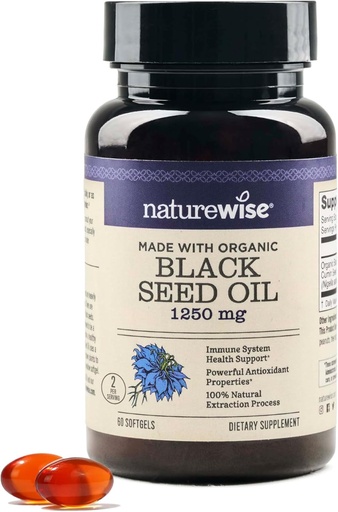 [BRSWGC32C4CQEH35] NatureWise Black Seed Oil Softgels 1250 mg - with 100% Organic Cold Pressed Nigella Sativa - Omega 3 6 9 - Antioxidant Immune Support, Hair & Skin - Non-GMO, Gluten-Free - 60 Softgels[1-Month Supply]