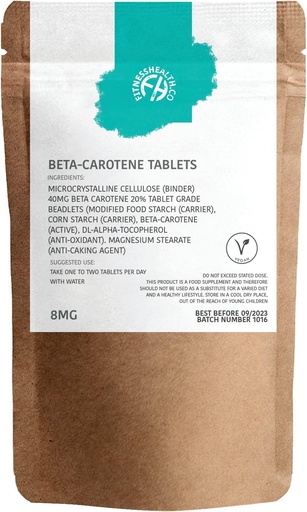 [BRSRMHYFB4CQM3LA] Fitness Health Beta-Carotene 8MG 120 Tablets - Pure Source of Vitamin A - Healthy Skin & Resistant System - Tanning Accelerator - Gluten & GMO-Free