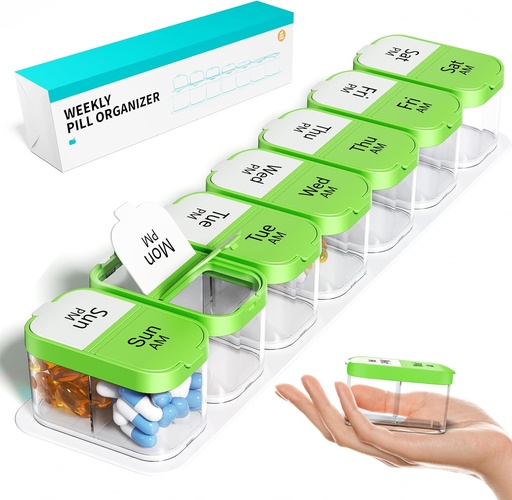 [BRSRMAT3O54AOYDO] Odaro Extra Large Weekly Pill Organizer 2 Times A Day, Pill Box 7 Day Am Pm to Hold Daily Medicine Vitamin and Supplements - Green