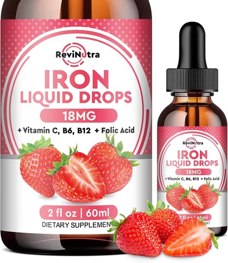 [BRSRAGI5A4HAODLB] Liquid Iron Supplement for Women, Men & Kids, Liquid Iron Drops with Folate, Vitamin C, B6, B12 for Anemia, Red Blood Cell, Energy Support, Strawberry Flavor, 2 Fl Oz