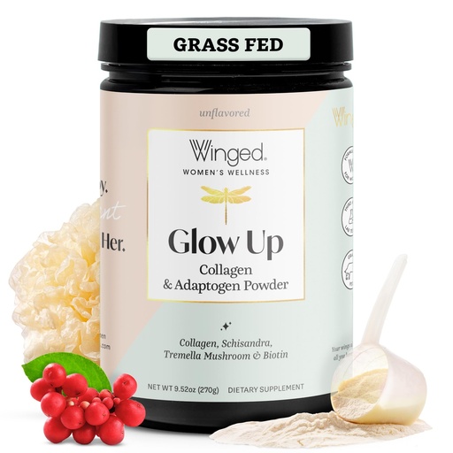 [BRSWYCQBORYGCET5] Winged Wellness Glow Up, Collagen Powder for Women - Hair, Skin & Nails Beauty Supplement with Grass-Fed Hydrolyzed Collagen Peptides Adaptogens, Vitamin C & Biotin - 25 Servings, Unflavored