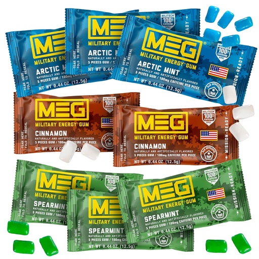 [BRSWGELROUNBEFY7] MEG - Military Energy Gum | 100mg of Caffeine Per Piece + Increase Energy + Boost Physical Performance + Multi Flavors of Arctic Mint , Spearmint, & Cinnamon + 8 Packs (40 Count)