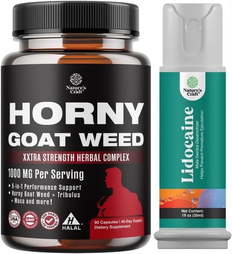[BRSROCYYAAIQGDY7] Bundle of Horny Goat Weed for Men with Black Maca Root, Tongkat Ali, Saw Palmetto " Panax Ginseng Extract and Lidocaine Desensitizing Topical Spray Climax Control - Boost Endurance and Stamina