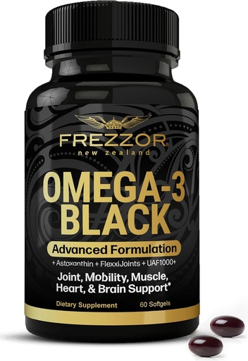 [BRSWIEIACR5GM2L6] FREZZOR Omega 3 Negro para el cuidado conjunto & Comfort - Nueva Zelanda Green Lipped Mussel Oil Capsules; 53x Potency Superior con UAF1000+ Super Antioxidante, No Fishy Aftertaste, 1-Pack, 60 Softgels