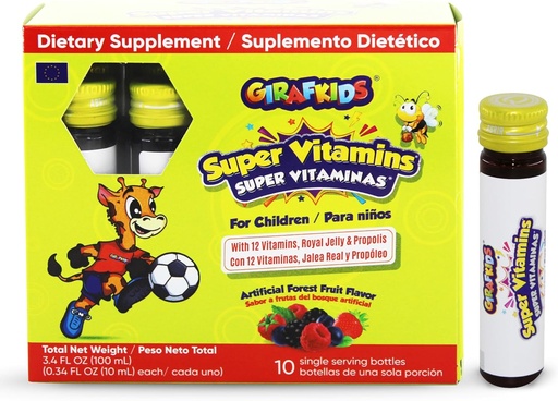 [BRSRMBQNBUBWGFDK] GirafKids Super Vitamiinid lastele vanuses 4+ | 10 serveerivad pudelid Vedelad multivitamiinid immuunsuse toetamiseks ja energiaks | 12 vitamiini | Maitsev metsa puuviljamaitse | Rikastatud Royal Jelly & Propolis