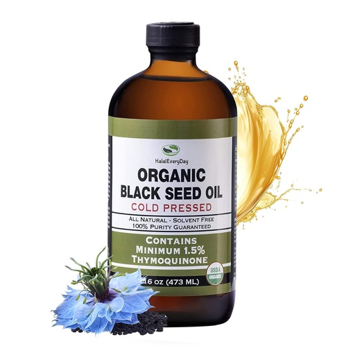 [BRSWYA32B4IBOCLL] HalalEveryDay Organic Black Seed Oil - USDA Certified, Cold Pressed Glass Bottle 16oz - Over 1.5% Thymoquinone Turkish Black Cumin Nigella Sativa Non-GMO 100% Pure Blackseed Oil