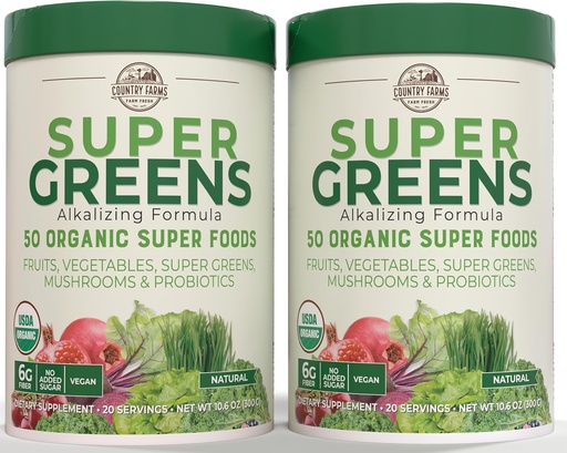[BRSW2EACPN6RM3DO] Country Farms Super Greens Natural Flavor, 50 Organic Super Foods, USDA Organic Drink Mix, Fruits, Vegetables, Super Greens, Mushrooms & Probiotics, Supports Energy, 40 Servings, 10.6 Oz, 2 Pack