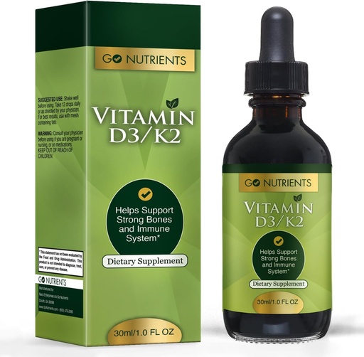 [BRSWGY3RCQMBSD3G] Go Nutrienti Vitamina D3 K2 Gocce – Liquido VIT D Supplemento con MK7 per adulti e bambini – Sostegno sublinguale ad alto assorbimento per ossa, cardiovascolare, cuore e salute immunitaria – 1 oz, 90 Serve