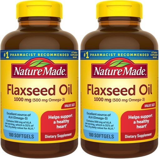 [BRSRMGLYCB7GKA3P] Nature Made Flaxseed Oil 1000 mg, Fish Free Omega 3 Supplement, Dietary Supplement for Heart Health Support, 180 Softgels, 180 Day Supply (Pack of 2)