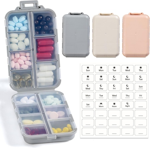 [BRSROAQNDIPR6CLV] LANDNEOO 14 Grids Pill Organizer Box with Labels, Travel Medication Holder Dispenser Case Kit, Pocket Daily Pharmacy Container for Fish Oil Vitamin Supplement Storage, Khaki Pink Grey, 3 Pack