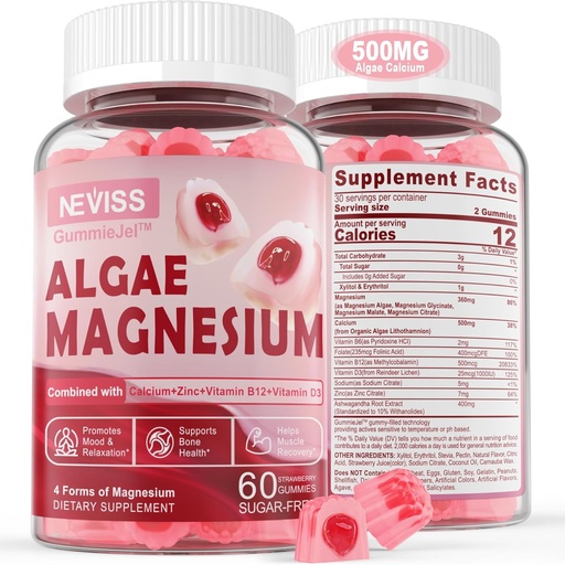 [BRSRMCD5BENBGEQU] Sugar Free Calcium Magnesium Zinc Gummies, Algae Calcium Magnesium Supplement Plus D3 | 4 Forms of Magnesium - Glycinate, Citrate, Malate, Algae - Support Bone Health, Muscle Function & Nerve, 60 Ct