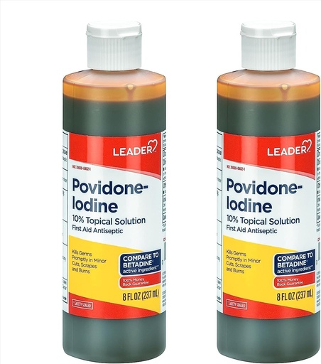[BRSWIAQTO4NWEEDY] Leader Povidone Iodine 10% Prep Solution USP, First Aid Antiseptic Wound Cleanser, Wound Wash, Antiseptic Soap (8 Fl Oz, Pack of 2)
