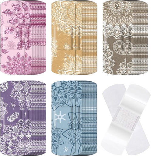 [BRSROCYLC4MQAE3J] 120 Pcs Fabric Adhesive Flexible Bandages Bulk Assorted Shapes and Patterns Small Colorful Pretty Fabric Bandages with Non Stick Pad 3 x 1 Inch for Cuts Wound Scrapes Women(Mandala)