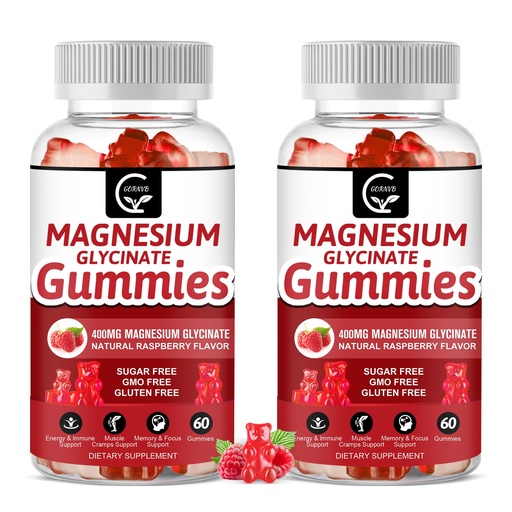 [BRSRMCQNAQCR62AU] Magnesium Glycinate Gummies 400mg, Mg Potassium Supplement with Chelated Magnesium Malate Complex, Vitamin D, B6, and CoQ10, Supports for Memory, Calm, Mood & Sleep - 60 Count (Pack of 2)