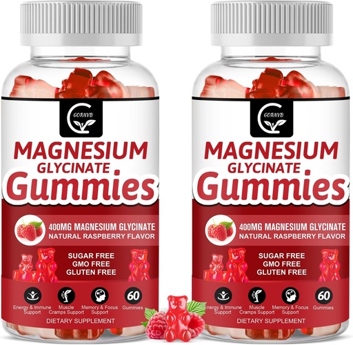 [BRSRMCQNAQCR62AU] Magnesium Glycinate Gummies 400mg, Mg Potassium Supplement with Chelated Magnesium Malate Complex, Vitamin D, B6, and CoQ10, Supports for Memory, Calm, Mood & Sleep - 60 Count (Pack of 2)