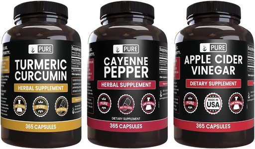[BRSROZTRAEIAIHI6] PURE ORIGINAL INGREDIENTS Cayenne Pepper, Turmeric Curcumin, Apple Cider Vinegar Bundle (365 Capsules)
