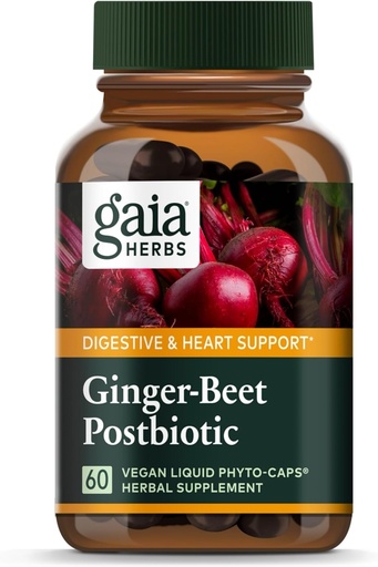 [BRSROBQHC4MA4FDB] Gaia Herbs Ginger-Beet Postbiotic - Supplement for Gut & Heart Health Support - Made with Organic Fermented Beets & Ginger - Free from Dairy, Soy & Gluten - 60 Vegan Capsules (30 Servings)