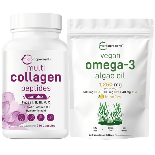 [BRSRAAT2BF6QE33A] Micro Ingredients Multi Collagen Complex & Vegan Omega 3 Algae Oil Supplement Bundle 2 Pack | Grass-Fed Collagen Peptides | Omega-3 Full Spectrum Alternative to Fish Oil
