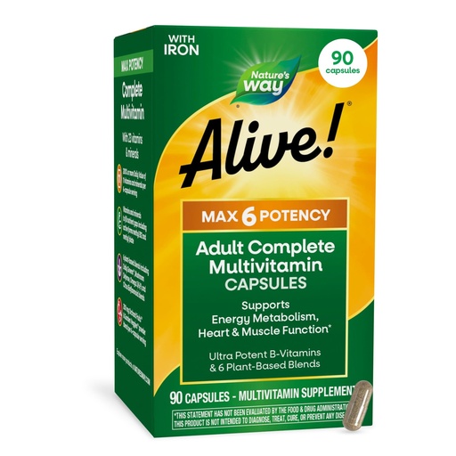 [BRSWIYT3PMMGEFTC] Nature's Way Alive! Max6 Potency Adult Complete Multivitamin with Iron, Antioxidant Vitamins A, C, E, B-Vitamins Including Methylated B12 & Folate, Energy Metabolism Support*, 90 Capsules