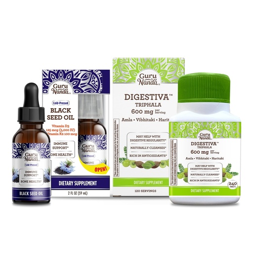 [BRSROBL3DIHBQYL6] GuruNanda Black Seed Oil, Cold-Pressed Nigella Sativa - Rich in Vitamin D3 5000 Units & Digestiva Triphala (240 Tablets), Supports Digestion, Helps with Bloating