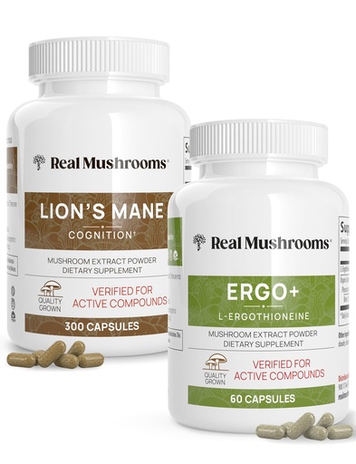 [BRSWYCT5DF5RS2TG] Real Mushrooms Ergothioneine (60ct) and Lions Mane (300ct) Bundle with Shiitake and Oyster Mushroom Extracts - Longevity and Cognition - Vegan, Gluten Free, Non-GMO - Natural Support for Healthy Aging