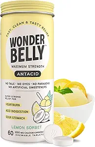 [BRSRMBDYAF7QGCQU] Wonderbelly Antacid, Effective Heartburn and Instant Acid Indigestion Relief, Extra Strength Chewable Tablets, 1000 mg Calcium Carbonate, No Talc or Dye, Lemon Sorbet, 60 Count