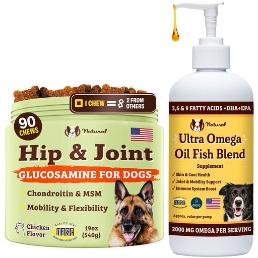 [BRSROAYLOADW2DQY] Natural Dog Company Canine Vitality Dog Vitamins and Supplements Bundle, Includes (1) Hip and Joint Chews Supplement-90 pcs cosequin for Dogs, (1) Ultra Omega Fish Oil 16 Oz Omega 3 Fish Oil for Dogs