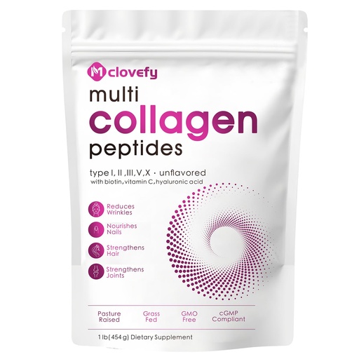 [BRSRAZD6AAPWOELU] Multi Collagen Peptides Powder, 16 Oz (41 Servings) - Protein Supplement, Type I, II, III, V, X with Hyaluronic Acid, Vitamin C and Biotin, Unflavored, Easily Mixes in Drinks