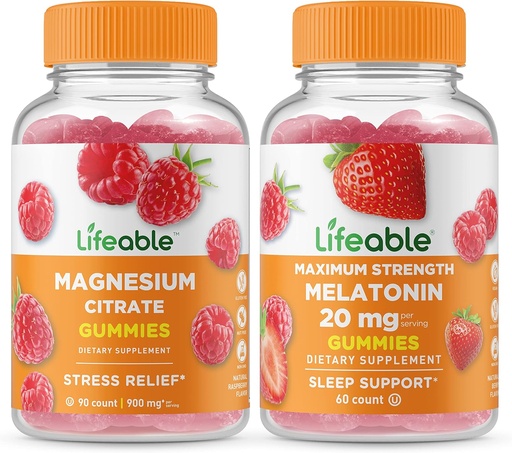 [BRSROZAZPN7QA3QV] Lifeable Magnesium + Melatonin 20mg, Gummies Bundle - Great Tasting, Vitamin Supplement, Gluten Free, GMO Free, Chewable Gummy