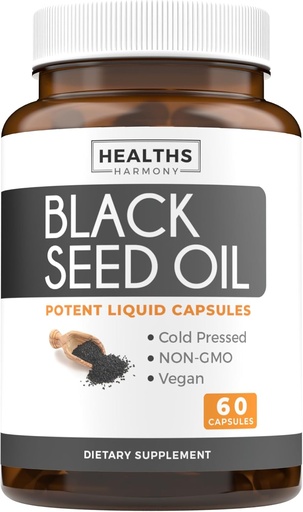 [BRSROHQZPIFBQALV] Black Seed Oil - 60 Softgel Capsules (Non-GMO & Vegan) Premium Cold-Pressed Nigella Sativa Producing Pure Black Cumin Seed Oil with Vitamin E - 500mg Each, 1000mg Per 2 Capsule Serving