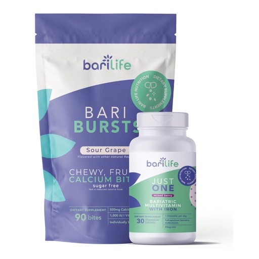 [BRSRAYYODMMRQDTB] Bari Life Just One Chewable: Once Daily Bariatric Multivitamin + Iron and and BariBurst Calcium Citrate Soft Chews for Gastric Bypass, Gastric Sleeve and Duodenal Switch (Sour Grape)