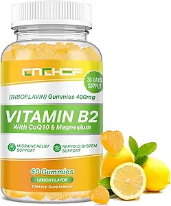 [BRSRAEATOACRGCDV] Vitamin B2 Gummies, Riboflavin 400mg Supplement with Magnesium Glycinate & CoQ10 for Adults & Kids, Support Migraine Relief & Nervous System, Boost Energy, Sugar Free Vegan B2 Gummies Lemon Flavor