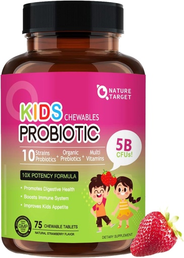 [BRSROCYYOAHGY337] NATURE TARGET Kids Probiotic Chewable, 5 Billion CFUs Probiotics + Prebiotics for Ages 3+, Probiotics for Digestive Health, Immune Support & Appetite Booster, Natural Strawberry Flavor, 75 Servings