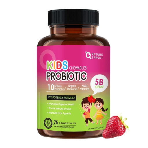 [BRSROCYYOAHGY337] NATURE TARGET Kids Probiotic Chewable, 5 Billion CFUs Probiotics + Prebiotics for Ages 3+, Probiotics for Digestive Health, Immune Support & Appetite Booster, Natural Strawberry Flavor, 75 Servings