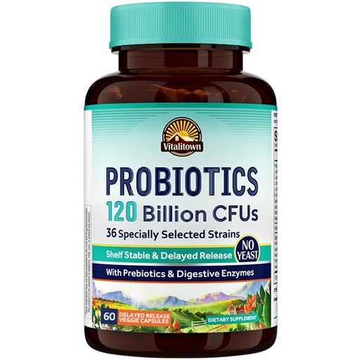 [BRSRAH34BEGWEEQ3] Vitalitown Probiotics 120 Billion CFUs | 36 Strains, with Prebiotics & Digestive Enzymes | Shelf Stable | Digestive Health & Immune Support | Vegan, Non-GMO | Pack of 1 | 60 Delayed Release Veg Caps
