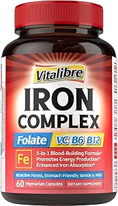 [BRSRAFIRCQDRQAA3] Iron Supplement for Women & Men, with Vitamins C, B6, B12 & Folate for Iron Deficiency, Blood Building & Energy Support, Stomach Friendly, Better Absorption, Non-GMO, No Gluten, 30 Vegan Caps