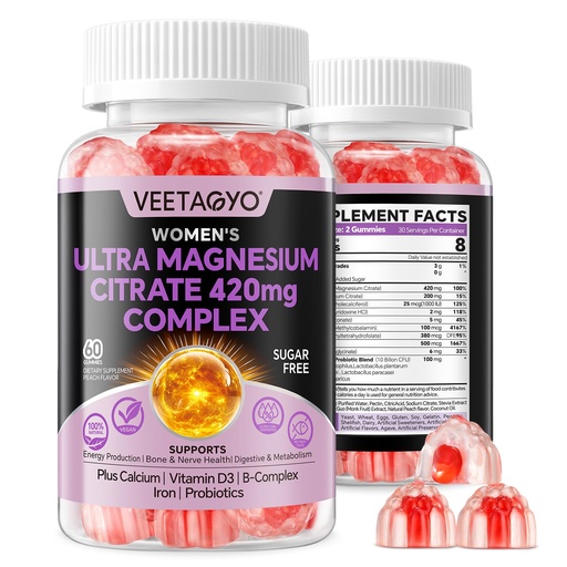 [BRSRAGQ7AAHWGETK] Magnesium Citrate Gummies 420mg for Adult - Dual Layer - w/10 Billion CFU - 5 Strains Probiotics & Calcium, D3, Biotin, Iron, B6, B12, Folate, Support for Bone, Nerve, Relaxation, Muscle - Vegan 60Cts