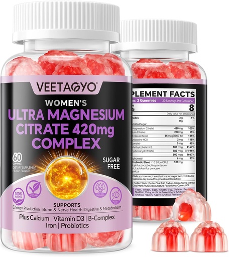 [BRSRAGQ7AAHWGETK] Magnesium Citrate Gummies 420mg for Adult - Dual Layer - w/10 Billion CFU - 5 Strains Probiotics & Calcium, D3, Biotin, Iron, B6, B12, Folate, Support for Bone, Nerve, Relaxation, Muscle - Vegan 60Cts